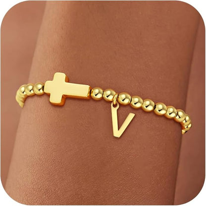 Gold Initial Bracelets for Women Girls - 18K Gold Plated Cross Initial Bracelet Dainty Beaded Bracelet Gold Bracelets for Women Teen Girl Gifts
