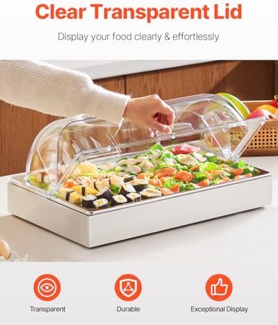 VEVOR Countertop Food Serving Display Container, 1 x 1 Pan Stainless Steel Food Serving Tray, Buffet Condiment Dispenser Display Rack with Clear Lid & 3 Ice Trays, for Restaurant Hotel Kitchen Party