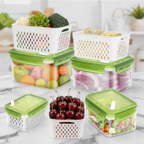 4Pack Fruit Storage Container for Fridge with Colander and Vent - Green