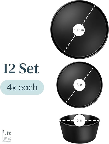 Stoneware dinnerware set 4 persons 12 pcs – Matte black plates and bowls set – Dishwasher, microwave and scratch resistant – Bowl and plate set – Dinner service Pure Living