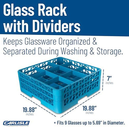 Carlisle FoodService Products OptiClean 9 Compartment Glass Racks for Restaurants with 2 Extenders - Glass Racks for Large Brandy Snifters, Grande Margaritas, Carafes, Wide Diameter, Blue, (Pack of 3)