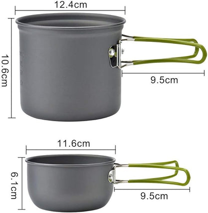 Peidesi Camping Cookware Mess Kit, Portable Camp Stove Pots and Pans Set, Carabiner, Folding Knife, Fork Spoon Kit, Carry Mesh Bag, for Backpacking