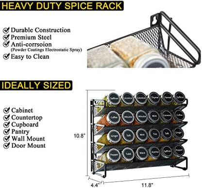 SpaceAid Spice Rack Organizer with 24 Spice Jars, 386 Spice Labels, Chalk Marker and Funnel Set for Cabinet, Countertop, Pantry, Cupboard or Door & Wall Mount -24 Jars, 11.8" W × 10.8" H, Black