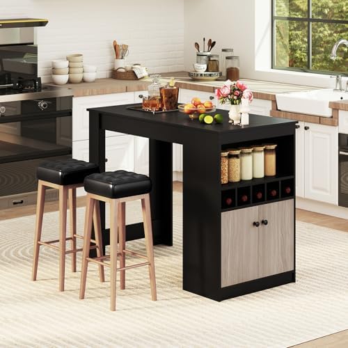 COSTWAY 48" Bar Table with Storage Cabinet & Wine Rack, Home Dining Table