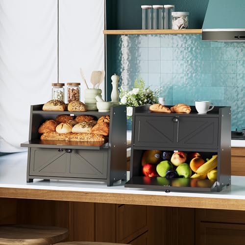Trironsun Vintage Double Layer Bread Box for Kitchen Counter Bamboo Bread Storage Container Large Capacity Bread Storage Bin (Black)