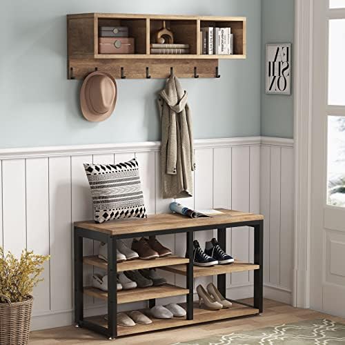 Tribesigns Coat Rack Set, Hall Tree, Industrial Shoe Bench, 3 Storage Cubbies, 7 Hooks for Entryway, Hallway, 5-in-1Design, Vintage Oak