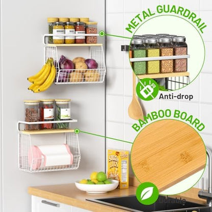 Ofiray-home Magnetic Shelf for Fridge with Wood Lid, Fruit Potato and Onion Storage Bins, Pantry Organizers & Storage, Large Container Magnetic Spice Rack for Refrigerator, Kitchen Counter (White, 2)