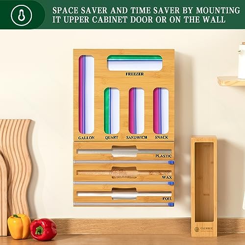 Calmbee 9 in 1 Bamboo Storage Bag Organizer for Kitchen Drawer – Plastic Wrap Dispenser with Cutter & Foil Organizer, Wooden Baggie Organizer for Sandwich, Snack, Gallon, Quart Sizes, Natural