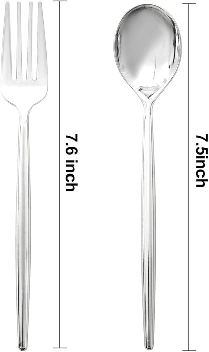 SUT 100Pcs Silver Plastic Silverware - Plastic Spoons and Forks, Disposable Silverware, Plastic Cutlery Set,50 Gold Plastic Forks, 50 Gold Plastic Spoons for Catering, Parties, Dinners, Weddings