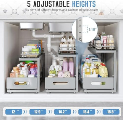 Under Sink Organizer Upgrade To Professional Rails,2-Tier Dual Pull Out Cabinet Storage,Height Adjustable Slide Out Drawers For Bathroom Kitchen,2 Pack-21"Dx12.8"-16.9"H,Gun Gray