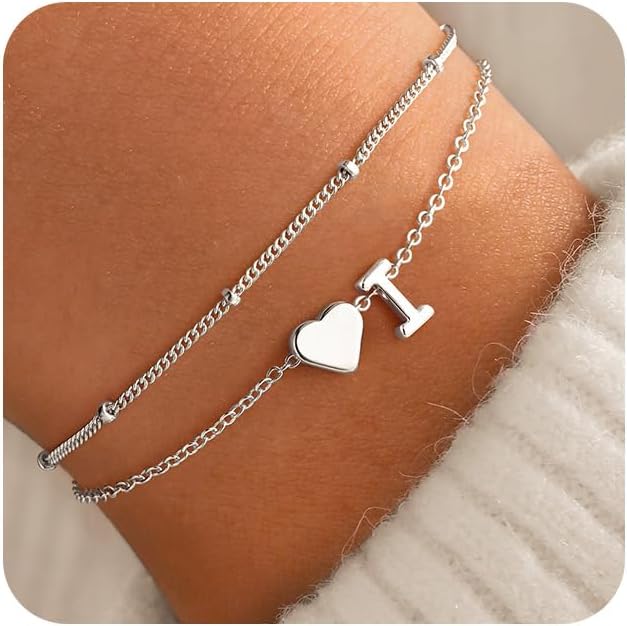 M MOOHAM Initial Heart Bracelets for Women - Layered Dainty 14K-Gold-Plated Heart Letter A-Z Charm Bracelets for Women, Chain Link Charm Bracelets Beaded Bracelets Birthday Gifts Womens Jewelry