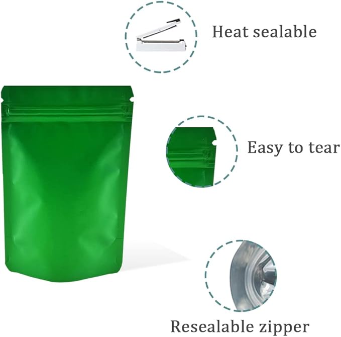 PABCK Stand-Up Resealable Heat Seal Bags 3.55mil Thick Frosted Green Foil Sealed Bags 50 Pieces 3.35x5.1 inch for Zip Packaging Lock Food Storage Pouch