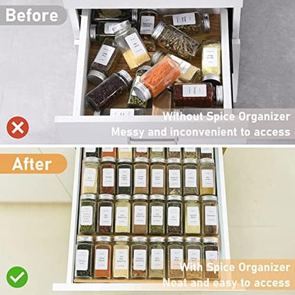 Spice Drawer Organizer with 35 Spice Jars,216 Labels,25 Non-slip Rubber, Bamboo 4 Tier Seasoning Rack Tray Insert for Kitchen Drawers,Cabinets,Countertop,14.6" Wide x 15.8" Deep