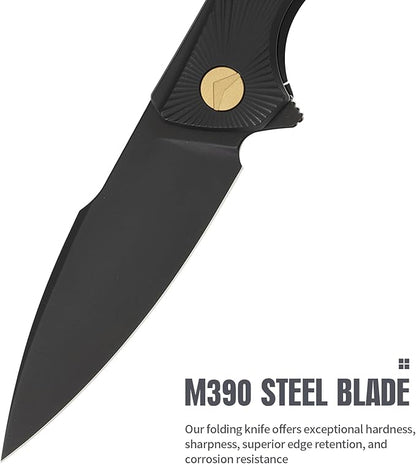 Folding Knife pocket knife EDC Knife With Clip Survival knife Hunting knife - M390 Steel Titanium Handle - Outdoor Hunting Survival Camping knife with Sheath (Black)