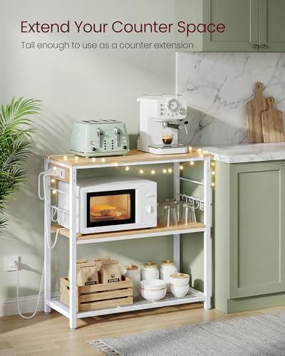 VASAGLE Kitchen Island with Power Strip, 3-Tier, 6 Hooks, Metal Frame