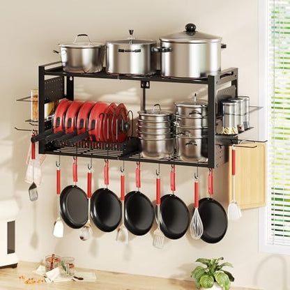 31 Inch Pot Rack Wall Mounted，3 in 1 Pots and Pans Organizer with 2 tier Kitchen Racks & Pot Lid Organizer Holder and 20 Hooks,Heavy Duty Hanging Pot Hanger for Kitchen Cookware, Utensils, Black
