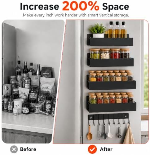 SMRCAD Metal Magnetic Spice Rack 4 Pack with Hook – Heavy-Duty