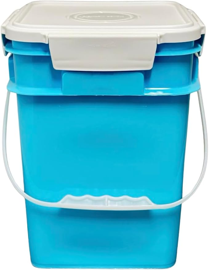 House Naturals 4 Gallon Square Food Grade Bucket Pail with Plastic Handles and Lid (Pack of 3) Made in USA containers (Aqua-White lids)