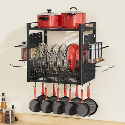 Wall Mounted 16" Pot Rack，2 Tier Kitchen Pots & Pan Organizer with 10 Hooks