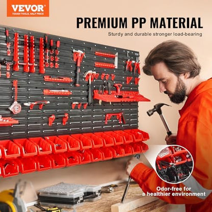 VEVOR Wall Mounted Storage Rack System, 30-Bin Parts Rack Organizer with Wall Panels/Tool Holders/Hooks, Garage Plastic Shop Tool Organizer for Nuts, Bolts, Screws, Nails, Beads, Buttons