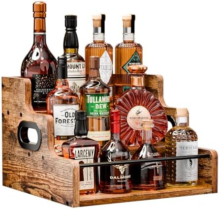 KLM Liquor Bottle Display Shelf, Coffee Syrup Rack Organizer, 3 Step Countertop Liquor Wine Rack, mini bar,liquor cabinet, Home Retro Bar Shelf Stand for Liquor Whiskey, Spirits