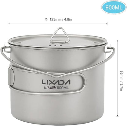 Titanium Pot, 750ml/900ml/1100ml Ultralight Titanium Pot Water Mug Cup with Lid and Foldable Handle Outdoor Camping Cooking Picnic