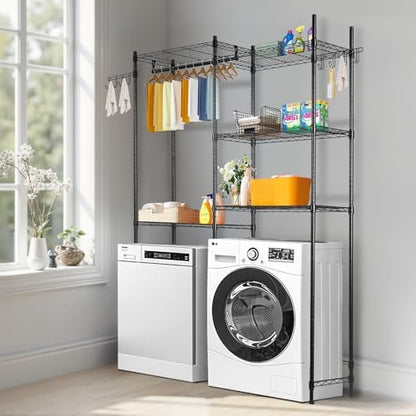 VEVOR Over the Washer and Dryer Storage Shelf, 5 Tier Laundry Room Drying Rack with Hanger Rod and Hooks, Adjustable Over Washer and Dryer Shelves, Laundry Room Shelf Storage Space Saver, Black