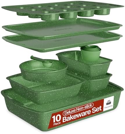 Green Marble 10-Piece Bakeware Sets, Nonstick Carbon Steel Baking Sheet & Pans, Stackable Space-Saving Bakeware, Dishwasher Safe, Stain-resistant, PFOAPFOSPTFE Free, Oven Safe Up To 450°F (230°C)