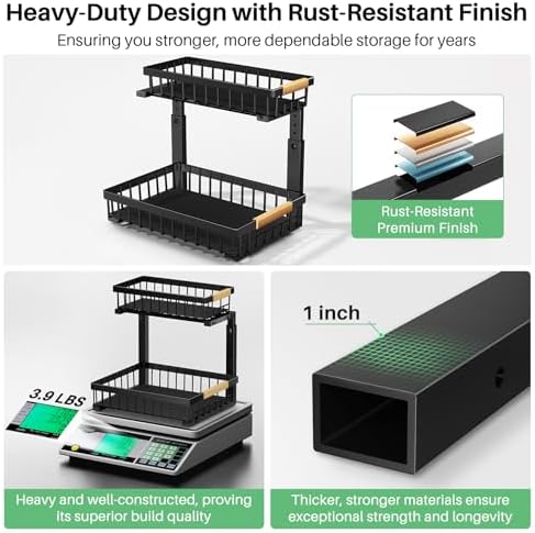 Kitstorack Under Sink Organizer, 2 Tier Under the Sink Storage, Slide out Pull out Cabinet Organizer Shelf, Metal Sliding Drawer for Kitchen Bathroom Pantry Closet Organization Rack, Black, 1 Pack