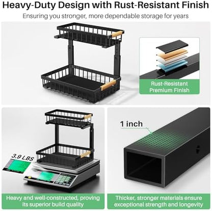 Kitstorack Under Sink Organizer, 2 Tier Under the Sink Storage, Slide out Pull out Cabinet Organizer Shelf, Metal Sliding Drawer for Kitchen Bathroom Pantry Closet Organization Rack, Black, 1 Pack