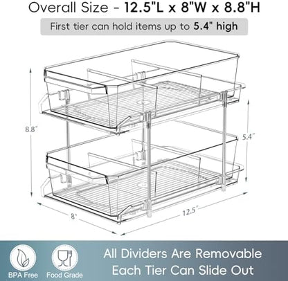 2 Set, 2 Tier Clear Organizer with Dividers for Cabinet, Shlef, Counter - MultiUse Slide-Out Storage Container - Kitchen, Pantry, Medicine Cupboard Bins, Bathroom, Vanity Makeup, Under Sink Organizing