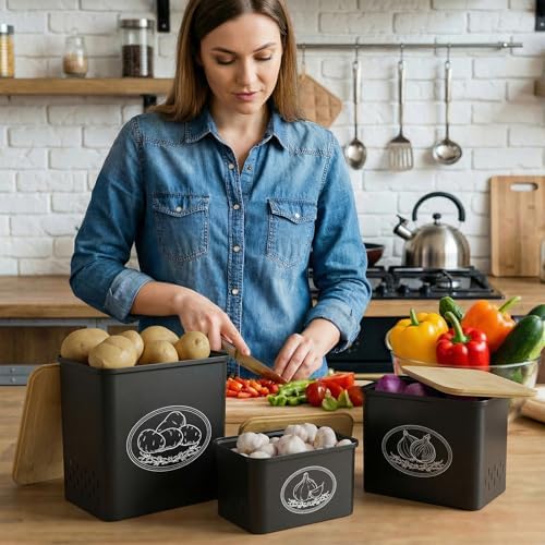 Lifewit Plastic Potato and Onion Storage Bin Box, Set of 3, Black