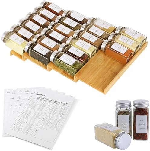Spice Drawer Organizer with 24 Spice Jars,216 Labels,25 Non-slip Rubber, Bamboo 4 Tier Seasoning Rack Tray Insert for Kitchen Drawers,Cabinets,Countertop,11" Wide x 15.8" Deep
