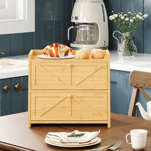 Trironsun Vintage Double Layer Bread Box for Kitchen Counter Bamboo Bread Storage Container Large Capacity Bread Storage Bin (Natural Bamboo)