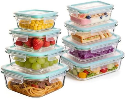 Liuruiyu Glass Food Storage Containers with Lids, 8 Pack Meal Prep Containers, Airtight Bento Boxes with Leak Proof Locking for Microwave, Oven, Freezer and Dishwasher, BPA Free（5oz to 36oz）