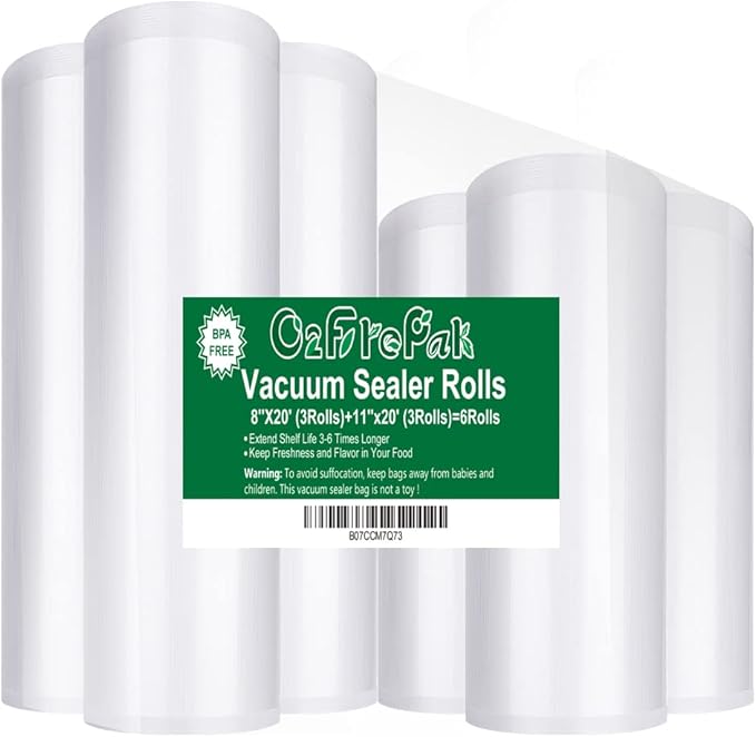 O2frepak 6Pack 8"x20'(3Rolls) and 11"x20' (3Rolls) Rolls Vacuum Sealer Bags Rolls with BPA Free,Heavy Duty Vacuum Sealer Storage Bags Rolls,Cut to Size Roll,Great for Sous Vide Cooking