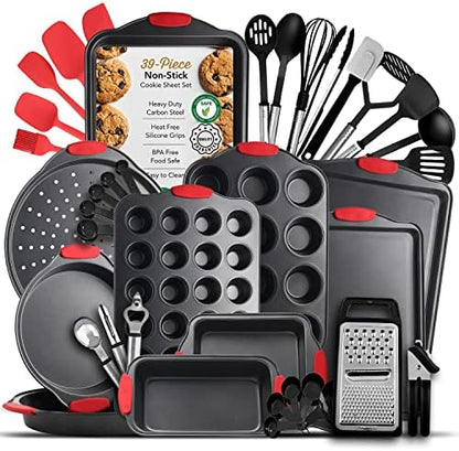 Eatex Nonstick Baking Sheet Set, 39-Piece Baking Pans Set with Silicone Handles, Carbon Steel Cookie Sheets for Baking, Commercial Grade Quality Bakeware Sets Includes Kitchen Utensils Set and More