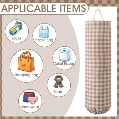 Gingham Plastic Bag Holder for Grocery Bag, Taupe