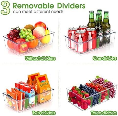 ZIZOTI Snack Organizer for Pantry Shelf, 2 Pack Clear Plastic Pantry Storage Bins with 3 Dividers for Snacks, Spices, Chips Food Organizer, Stackable Pantry Organizers for Kitchen, Fridge, Cabinet