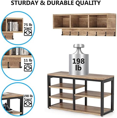 Tribesigns Coat Rack Set, Hall Tree, Industrial Shoe Bench, 3 Storage Cubbies, 7 Hooks for Entryway, Hallway, 5-in-1Design, Vintage Oak