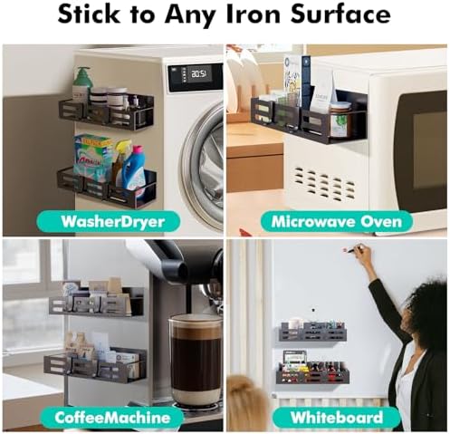 SETBAOO 4 Pack Magnetic Spice Rack for Refrigerator with 4-Hook Rack and Paper Towel Holder, Black Magnetic Shelf and Fridge Kitchen Cabinet Organizers Storage Seasoning Organization Mini Shelves.