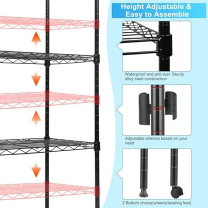 Whitmor 5 Tier Shelving Unit, Adjustable Storage Shelves with Wheels, Wire Shelving, 400 lbs Capacity per Shelf, Max 2000 lbs Total for Laundry, Garage, Plant, 21" L x 12" W x 54" H, Black