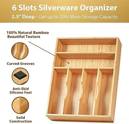 Umilife Kitchen Drawer Organizer, 12 Inch Silverware Utensil Tray Holder, Extra Deep, with Non-Slip Feet & Grooved Drawer Divider, 6 Slots Total Bamboo Wood Caddy for Flatware Cutlery Knives