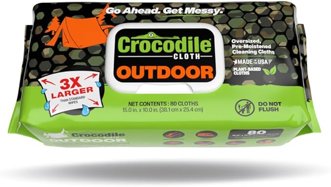 Crocodile Cloth Outdoor Cleaning Wipes ??80 Count Plant-Based Cloths (15"x10"), Skin Safe, Pre-Moistened, Aloe & Vitamin E Infused, Large, Absorbent, Multi-Surface Disposable Wipes