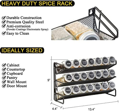 SpaceAid Spice Rack Organizer with 21 Spice Jars, 386 Spice Labels, Chalk Marker and Funnel Set for Cabinet, Countertop, Pantry, Cupboard or Door & Wall Mount - 21 Jars, 13.4" W × 9" H, Black