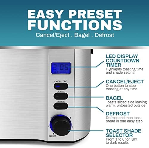 Elite Gourmet 4-Slice Long Slot Toaster, Countdown, 6 Shades, Warming Rack