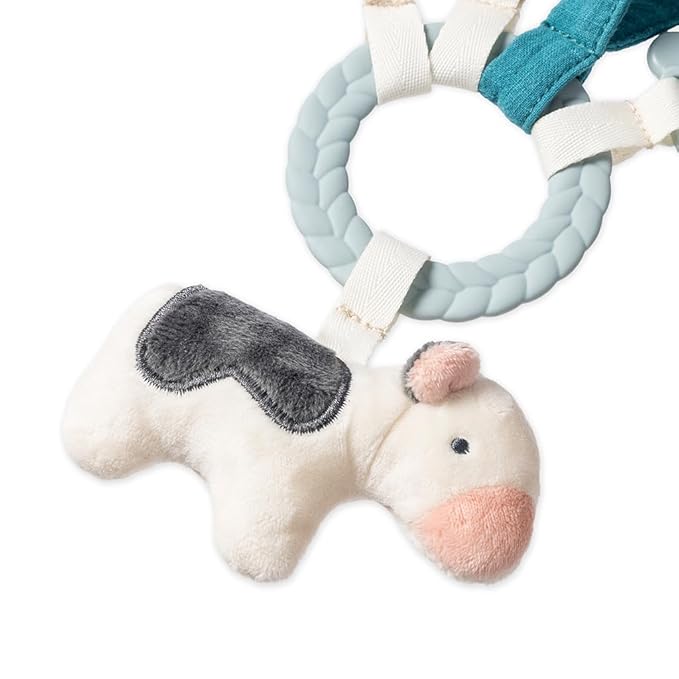 Itzy Ritzy Teething Activity Toy - Bitzy Busy Ring Infant Teething Toy Features Braided Ring & Dangling Toys, Includes Teether, Textured Ribbons, Crinkle Sound & Jingle Bell - 0 Months & Up (Farm)