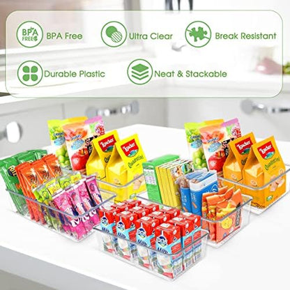 ZIZOTI Snack Organizer for Pantry Shelf, 2 Pack Clear Plastic Pantry Storage Bins with 3 Dividers for Snacks, Spices, Chips Food Organizer, Stackable Pantry Organizers for Kitchen, Fridge, Cabinet