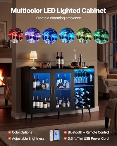 VEVOR Wine Cabinet, Coffee Bar Cabinet with 9 Wine Bottle Racks, Modern Buffet Sideboard with Glass Holder, Adjustable LED Brightness, for Home Kitchen, Living Room, Dining Room, Black Wood Grain