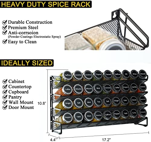 SpaceAid Spice Rack Organizer with 36 Spice Jars, 386 Spice Labels, Chalk Marker and Funnel Set for Cabinet, Countertop, Pantry, Cupboard or Door & Wall Mount - 36 Jars, 17.2" W × 10.8" H, Black